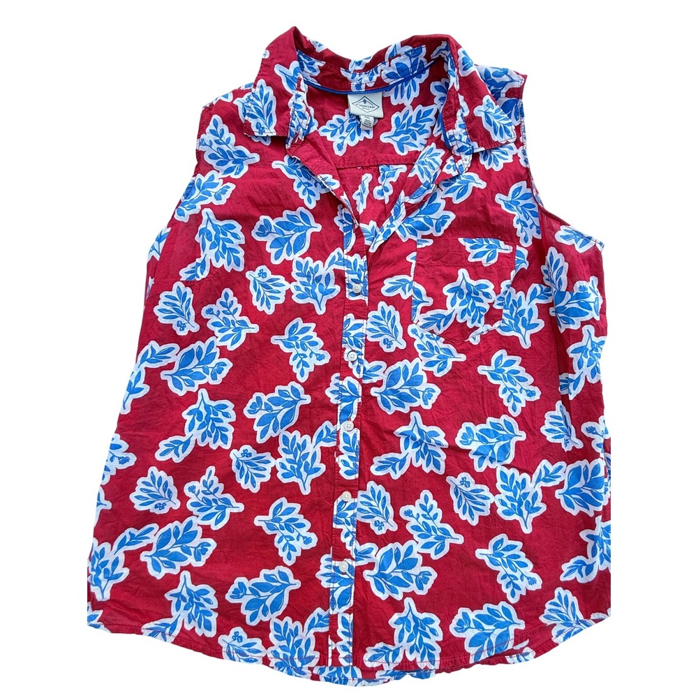 STJB Womens Red Blue Floral Leaf Sleeveless Button-Down Cotton Shirt 4th of July - Picture 4 of 8